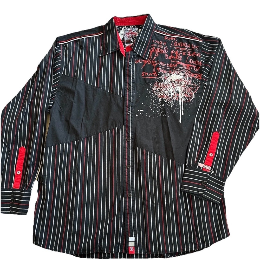 VTG Pepe Jeans London Graffiti Striped Button Up Men’s Shirt-2XL-Streetwear Y2K
